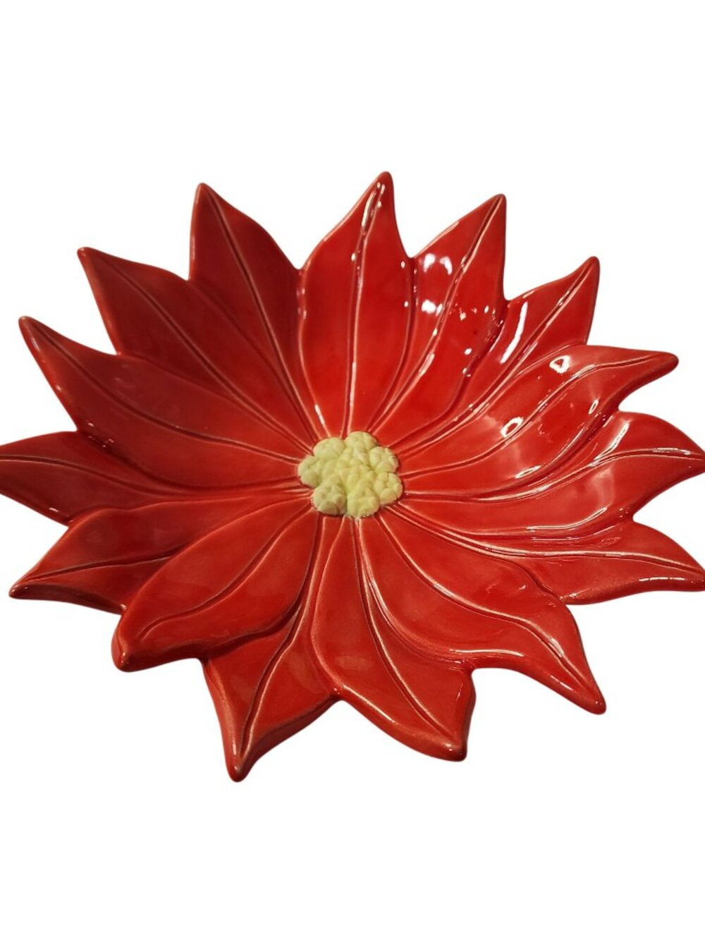Atlantic Mold ceramic poinsettia dish features vibrant red petals yellow center